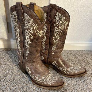 Corral Youth Vintage Tan with Ivory Floral Embroidery SquareToe Cowboy Boots 3.5